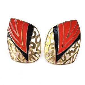 Edger Berebi gold tone with black + red enamel pierced accent clip earrings